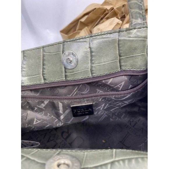 Furla Croco Embossed Bowler Green Leather Shoulder Bag - Picture 6 of 8